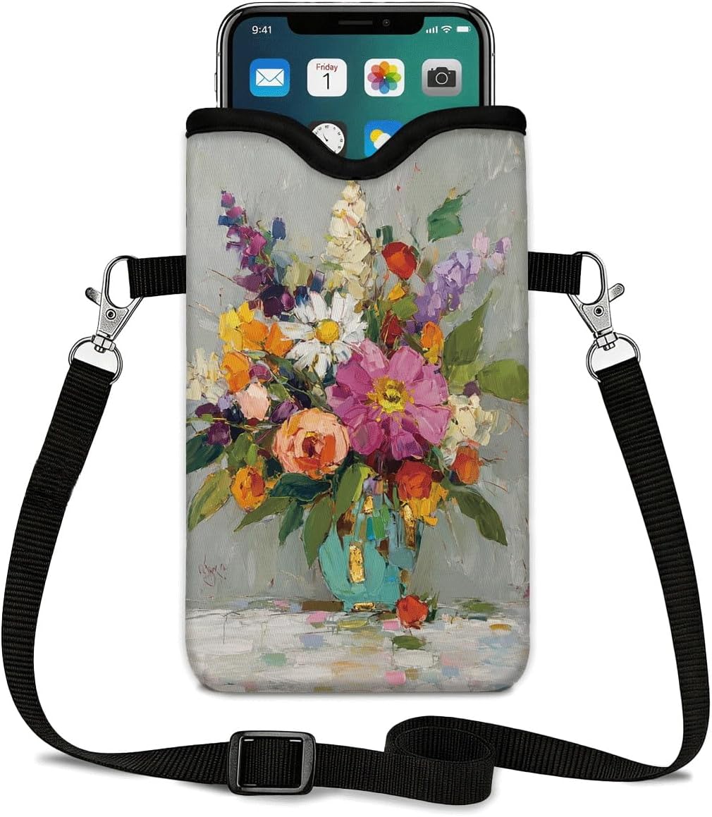 Abstract Bloom Neoprene Phone Sleeve Pouch with Crossbody Strap, 7.1x3.9 in | Shockproof Mobile Protection Case Bag with Neck Lanyard for botanical fans, fits most phones for workdays and daily carry