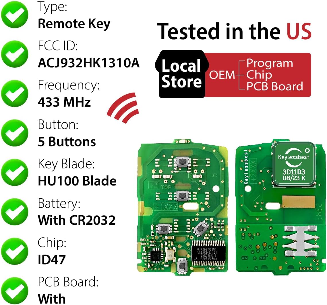 Replacement for 2016 2017 Honda Accord Key Fob Remote Control ACJ932HK1310A 5 Buttons 433MHz