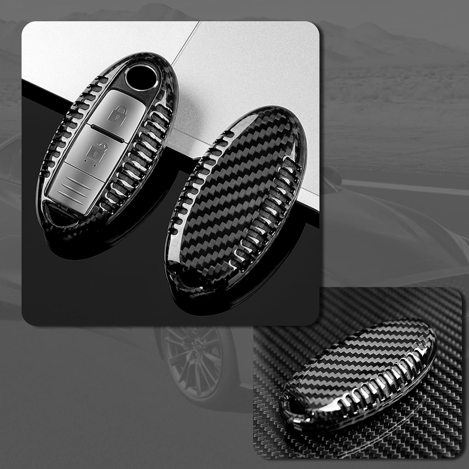 T-carbon Real Carbon Fiber Key Fob Cover Compatible with Nissan Key Fob Protector fits for Infiniti Key Fob Shell Accessories,Black