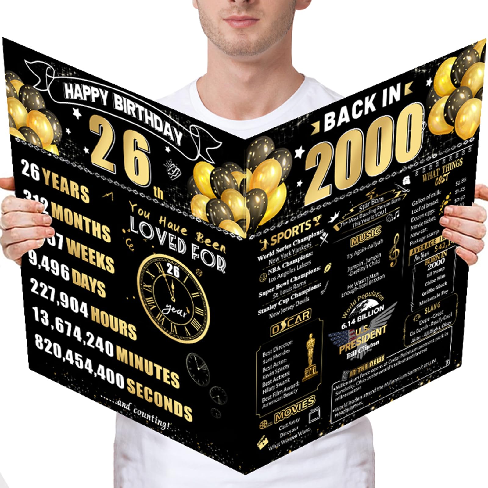 FOBELEC 26th Jumbo Birthday Card with Envelope, Black Gold Retro Birthday Decorations for Women and Men, 26 Year Old Funny Birthday Gifts for Her and Him, Back in 2000