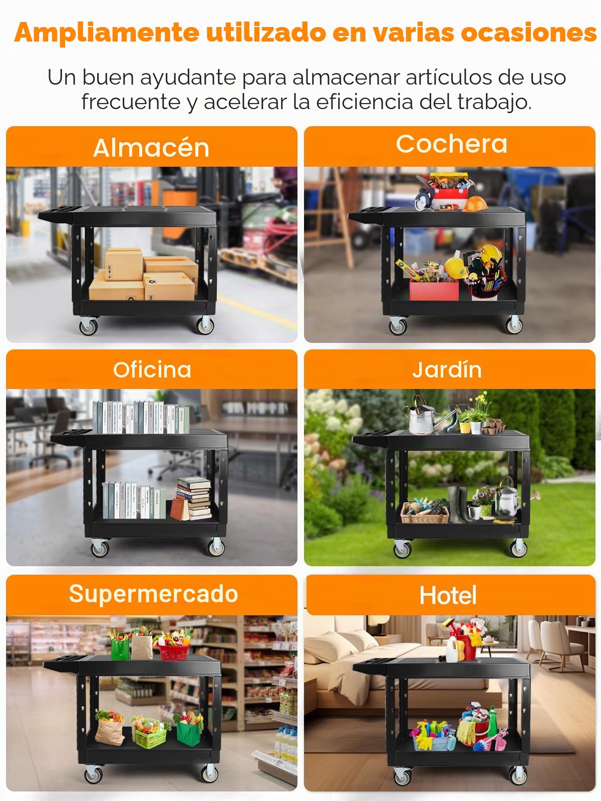 600 libras Carro Utilitario Sobre Ruedas, Kalolary Carro Rodante Capacidad Adicional 2 Niveles Carro Servicio Grande Multiusos con Asa Organizador Almacenamiento Negro Carro Herramientas Móvil Almacén