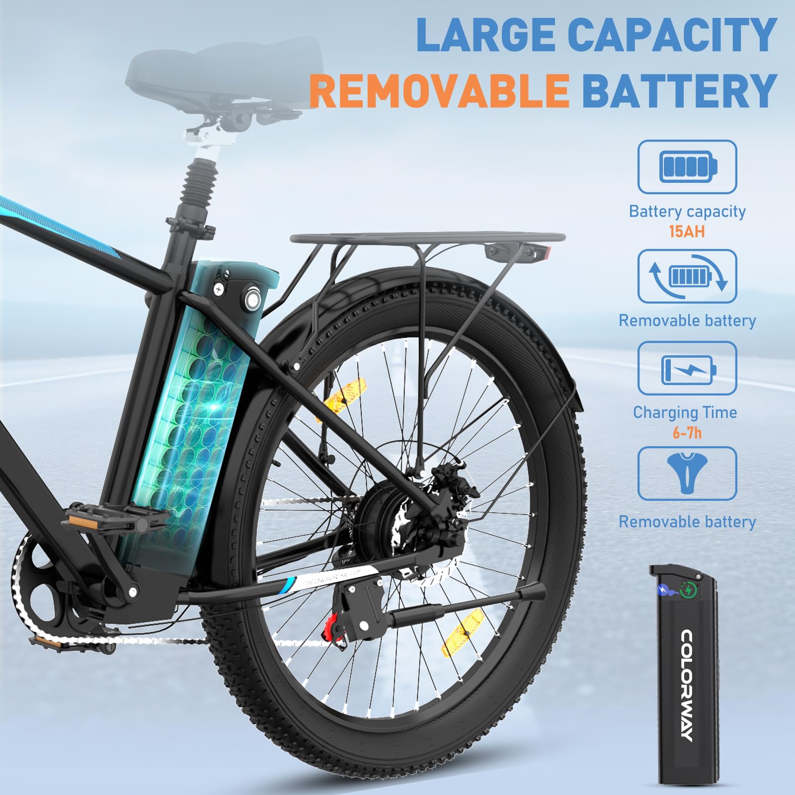COLORWAY Bicicleta Eléctrica 26” EBike 250W, Batería Extraíble 36V 15Ah, 7 Velocidades, Fat Tire 26×3.0, Pantalla LCD S866, Pedelec hasta 25 km/h, Autonomía 40-90 km, Bicicleta Eléctrica Hombre Mujer