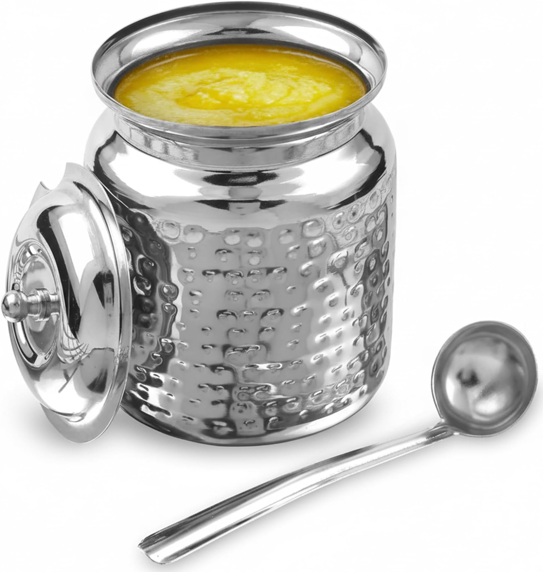 KSJONE Stainless Steel Hammered Oil and Ghee Container for Kitchen I Multipurpose Oil Container with Lid I Capacity of 17 oz