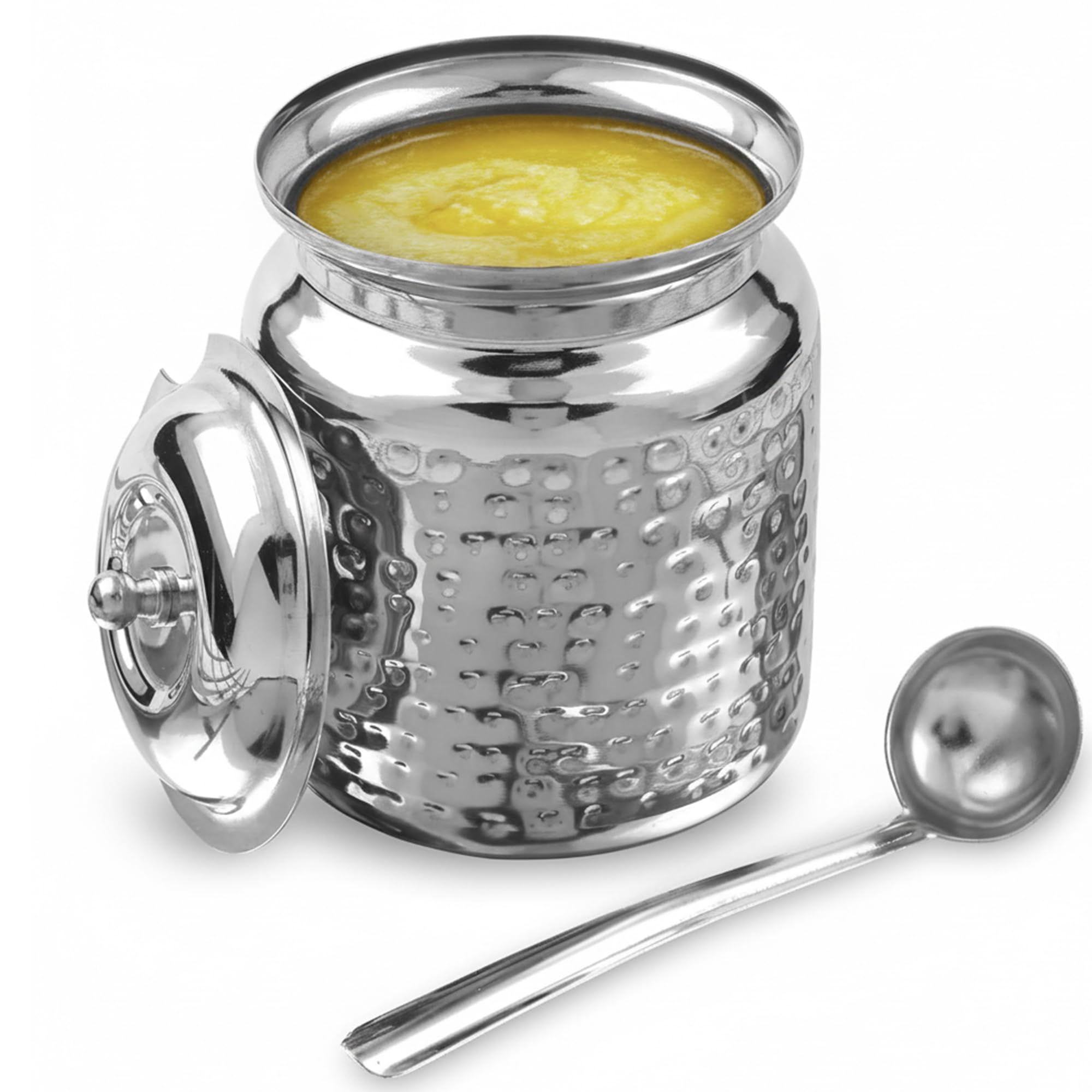 Stainless Steel Hammered Oil and Ghee Container for Kitchen I Multipurpose Oil Container with Lid I Capacity of 500 ml