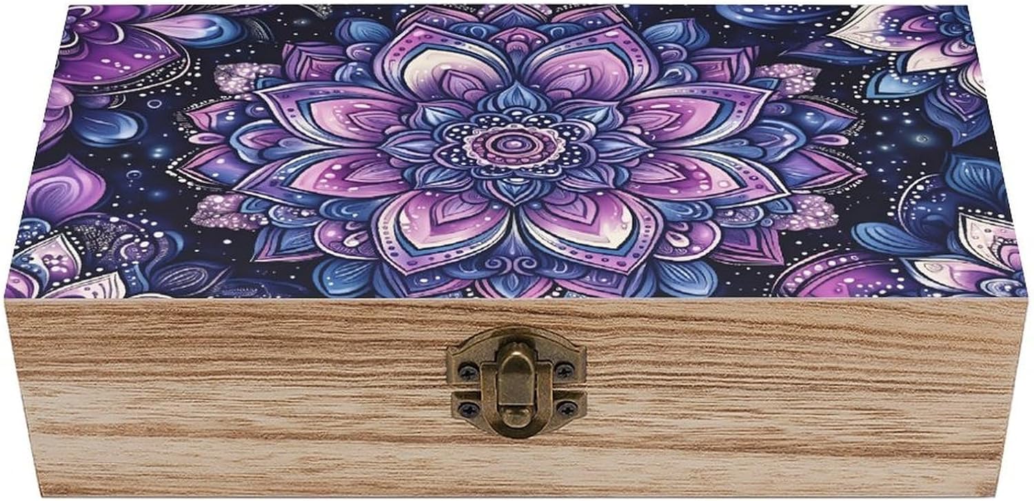 Mandala Purple Wooden Storage Box (7.9" X 3.9" X 2.3"),Vintage Wooden Jewelry Box with Hinged Lid Natural Wood Keepsake Storage Boxes, Decorative Rustic Organizer for Home Decor Crafts Rings Gifts