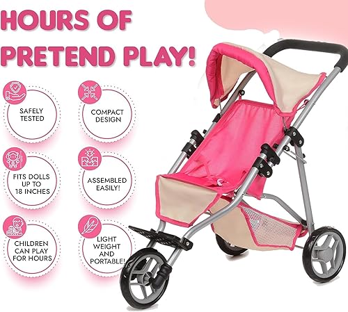 Miniatura 2 de fash n kolor My First Doll - Cochecito deportivo con toldo ajustable y cesta de almacenamiento de juguetes, cochecito de bebé plegable fácil para
