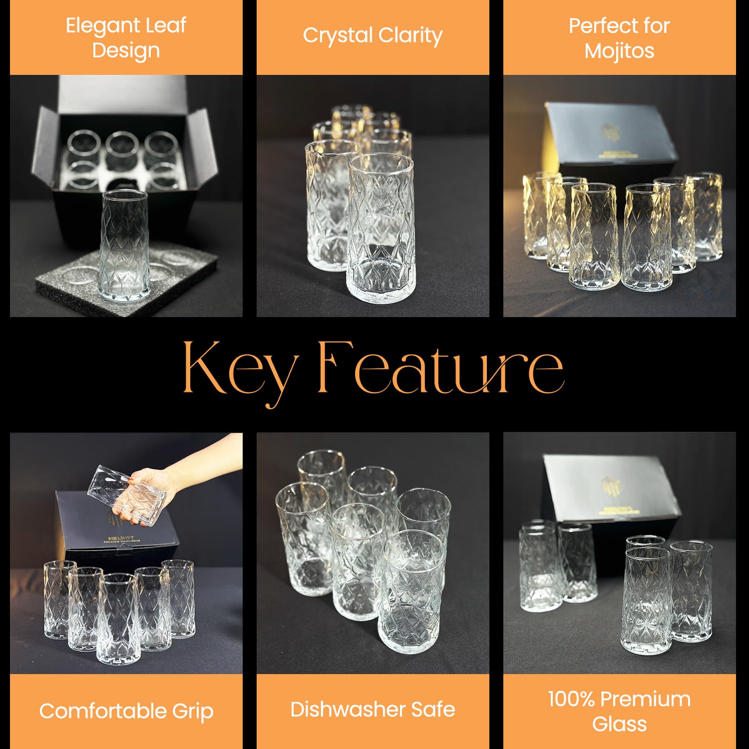 Melbify Leafy Cocktail Glasses Set of 12 | 350 ml Highball Glass | Tall Long Transparent Unique LIIT Glass 1