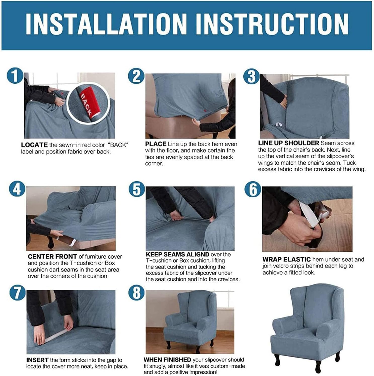 1-Piece Velvet Wingback Chair Covers,Stretch Wingback Chair Slipcover Velvet Wing Chair Covers Wing Backed Chair Covers Armchair Cover Wing Chair Slipcover Furniture Protector (Color : Stone Blue)
