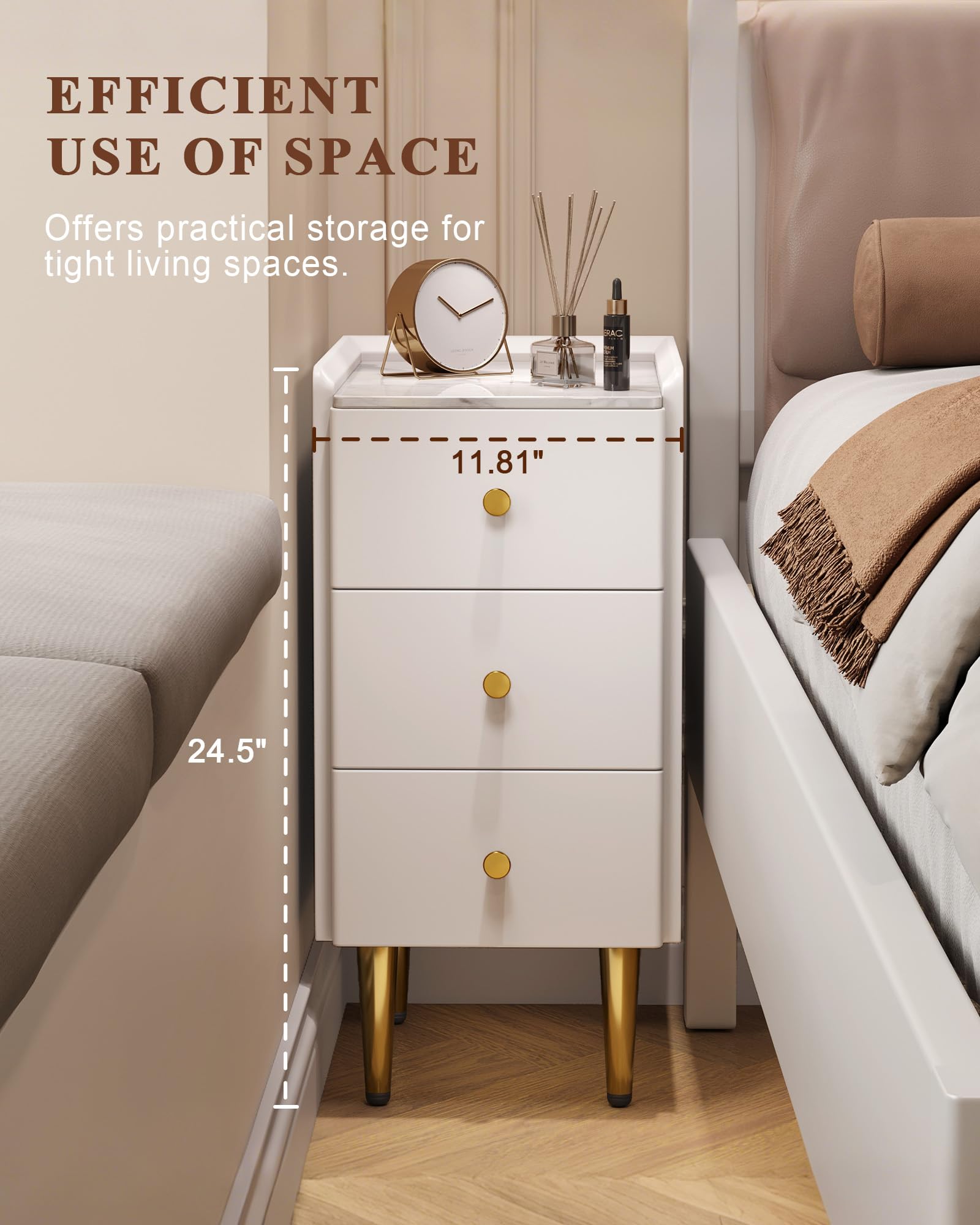 Kleiner Nachttisch 30 cm mit 3 Schubladen, schmaler Beistelltisch, Holz, weiß, Nachttisch, moderner Nachttisch für kleinen Raum, Schlafzimmer, Schlafsaal Küche, Haushalt & Wohnen