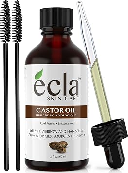 Castor Oil Organic Cold Pressed - Eyelash & Eyebrow Growth Oil 100% Pure USDA Certified 60ml - 2 Oz for Hair, Beard, Eyelashes and Eyebrows - Includes a Set of Brushes and Eyeliner Applicators kit