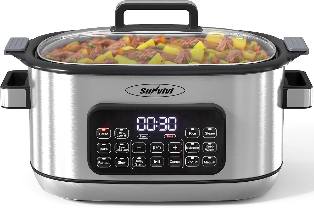 Royalcraft Olla de cocción lenta programable 12 en 1 de 6,5 cuartos, olla calentadora de alimentos con temporizador digital, control de temperatura