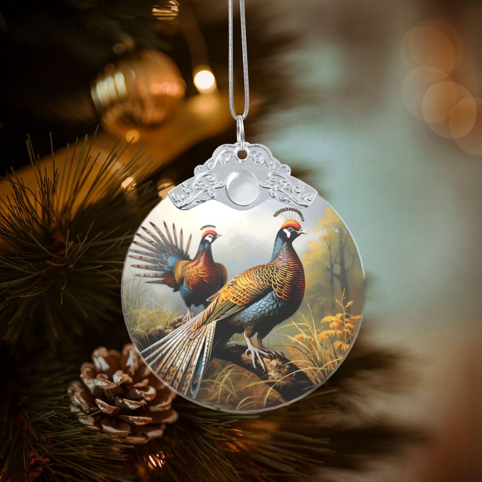 Nonhai Silver Crystal Christmas Ornaments For Christmas Tree Hanging Decoration Round Pheasants Animals Ornament With Gold Ribbon Crafts Pendant Glass Xmas Decor Keepsake Gifts Party Supplies