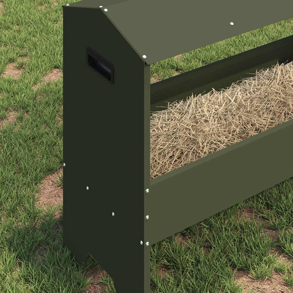 Comedero para animales de granja en color verde oliva de acero laminado en frío, 79 x 35 x 62 cm, capacidad de 15 kg, resistente a la intemperie, para interior y exterior, comedero estable