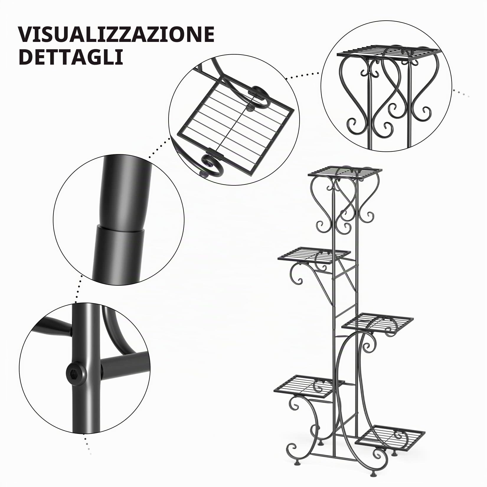 unho Scaffale per Piante Ferro Metallo: 5 Ripiani Portapiante da interno Portafiori esterno Portavasi a Verticale Supporto per Piante in ferro battuto da Balcone Giardino Terrazzo