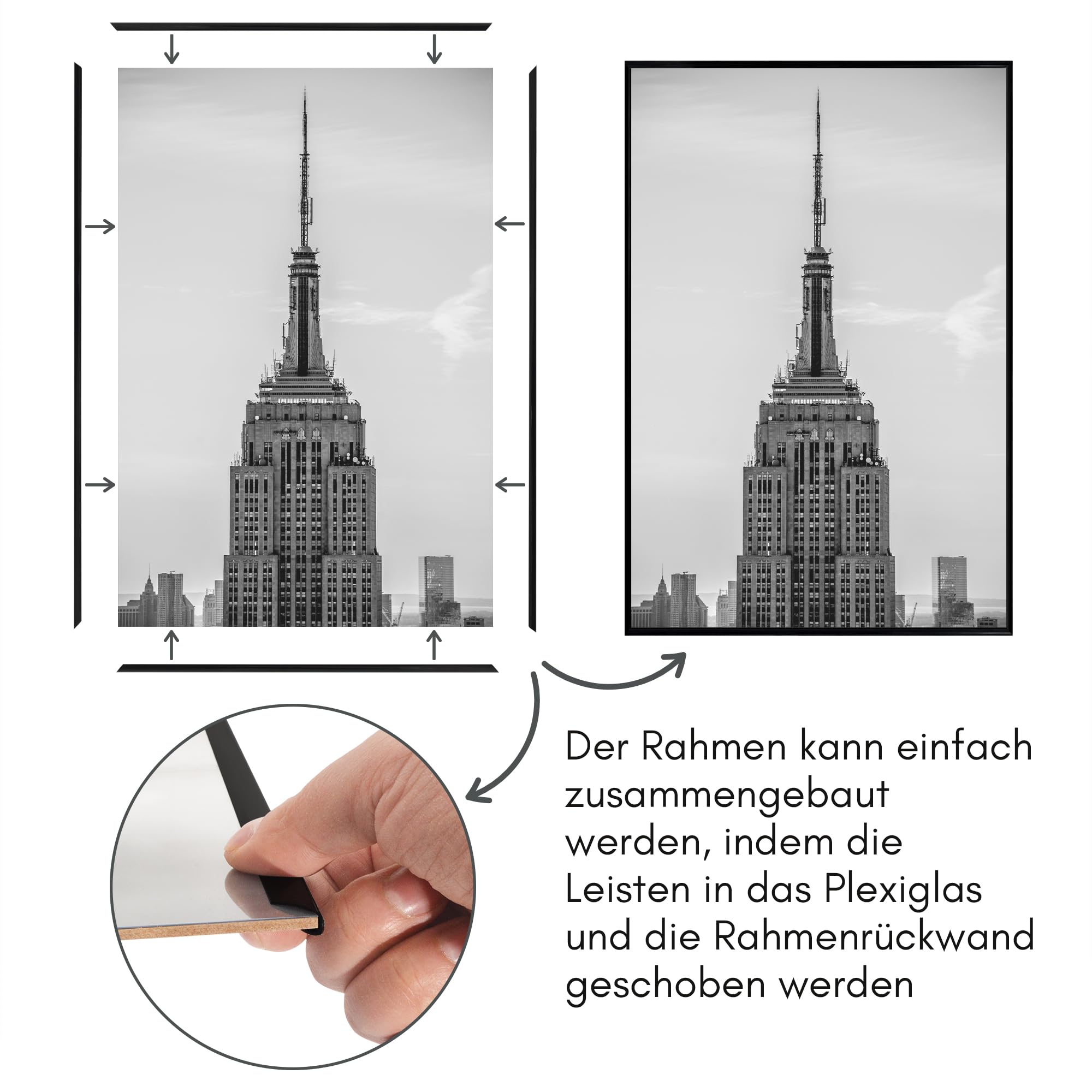 Americanflat Bilderrahmen 60x90 cm (3er Pack) - Schlanker Bilderrahmen 90x60 cm mit Plexi-Scheibe und Integrierter Aufhängung für Hoch- und Querformat - Schwarz