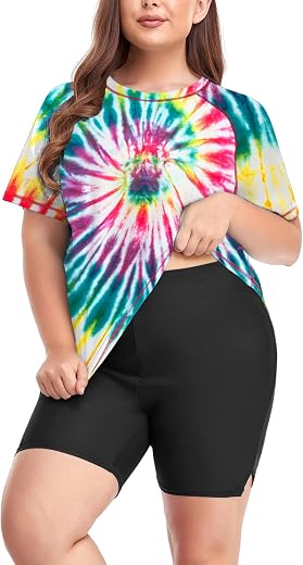Inno 2 Piece Plus Size Rash Guard for Women, Short Sleeve with Boyshorts UPF 50+ Surfing Swimwear 1X 2X 3X 4X 5X 6X