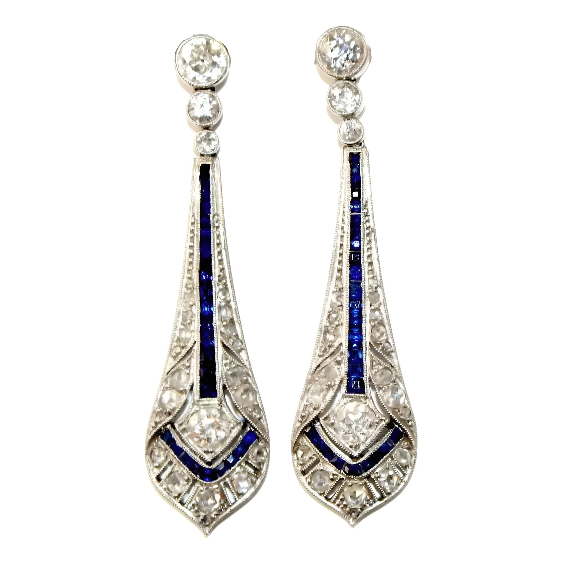 Generic"Art Deco Vintage Lab Created Diamond & Sapphire Drop Earrings in 925 Silver Elegant Wedding Jewelry with D Color VVS1 Clarity Lab Created Diamonds and Deep Blue Sapphires"