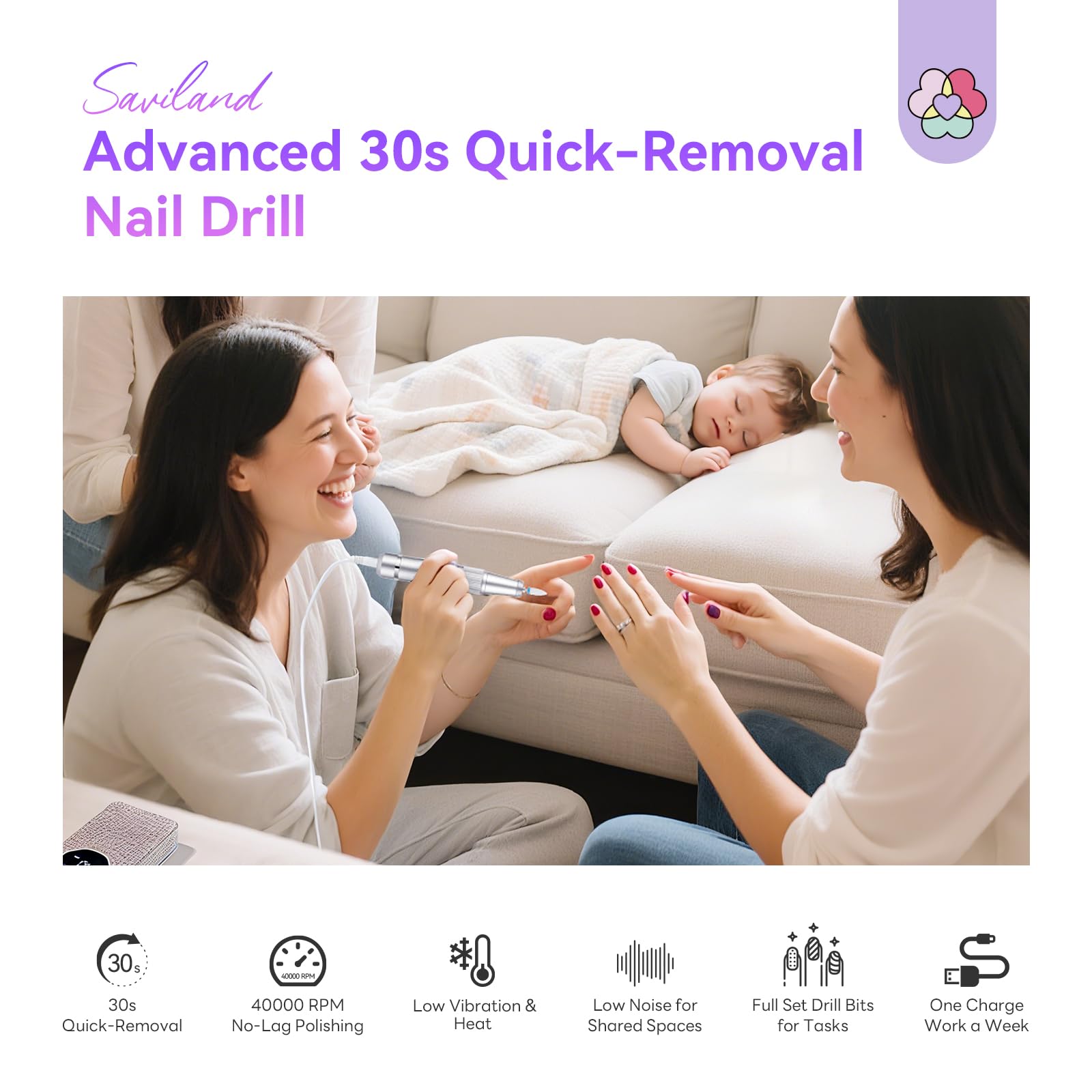 SAVILAND Professional Nail Drill 40000 RPM: Portable Electric Nail Drill Kit File Machine with Ceramic Nail Bit Sanding Bands for Quick Acrylic Removal Manicure Salon Home Use - Image 3