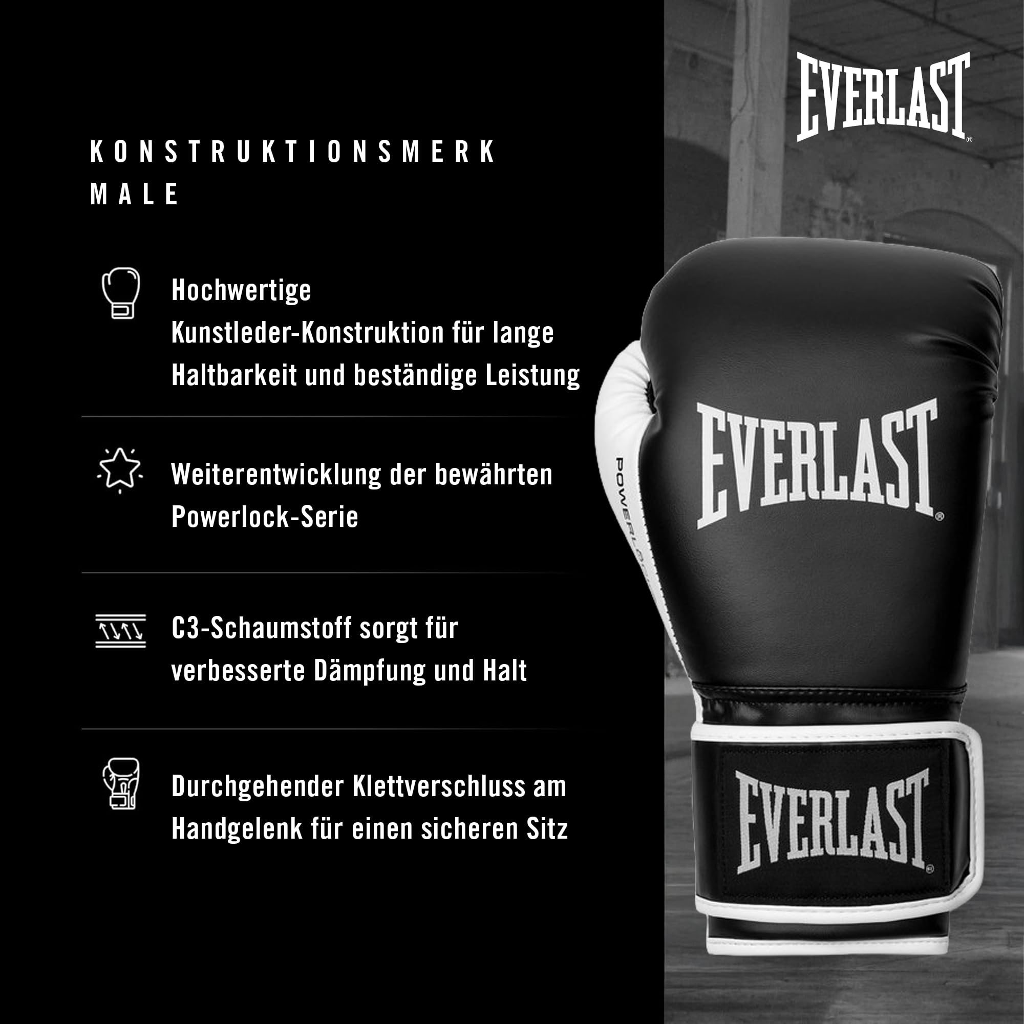 Everlast Powerlock OG Trainingsset, Schwarz/Weiß | Enthält schwarze Powerlock-Boxhandschuhe mit Klettverschluss für Sandsäcke und 120-cm-Bandagen