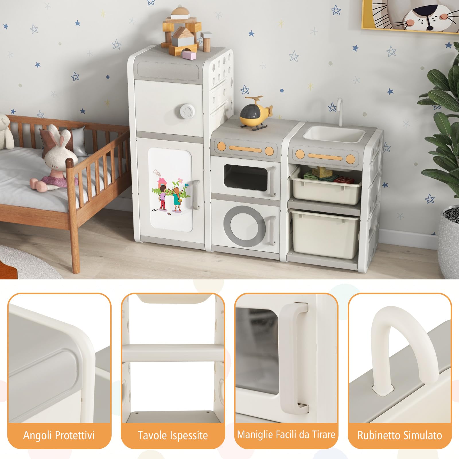 RELAX4LIFE Scaffale per Giocattoli per Bambini, Libreria per Bambini con Lavagna Magnetica, Pennarelli e Cancellino, Mobile Porta Giochi a Forma di Cucina per Asilo Nido e Cameratta