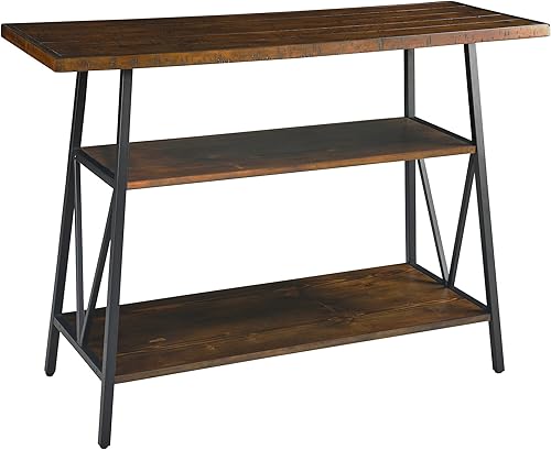 MODERION Mesa consola con mesa dentada, mesa de entrada de madera maciza con estante de almacenamiento, mesa de pasillo rústica de 3 niveles, mesa