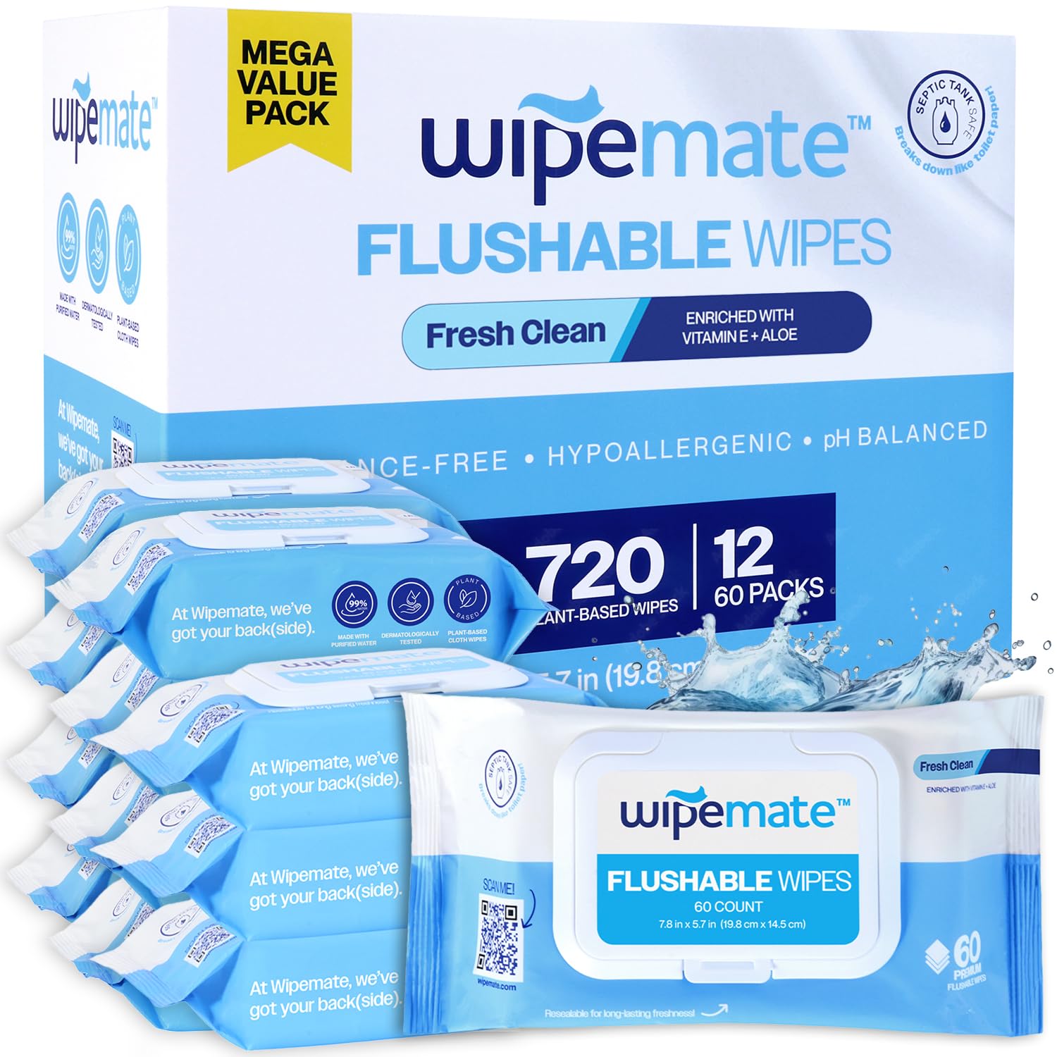 720ct Ultra Flushable Bulk Butt Wipes Soothing Vitamin E & Aloe 99% Water, Fresh Clean Premium Super Soft Hygiene Wipes, Septic & Sewer Safe, 12 Premium Flip-Top Packs, 60 Wipes Per Pack
