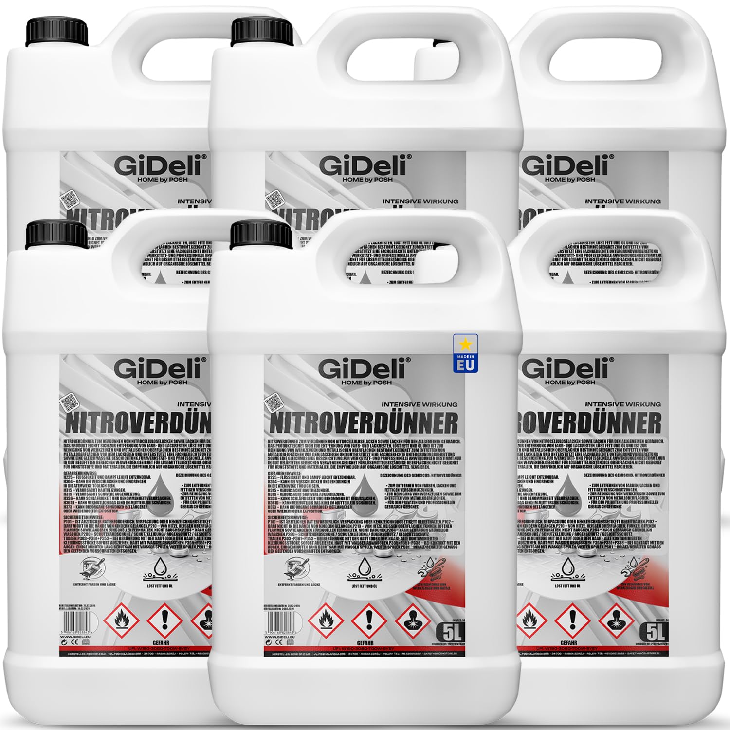 GiDeli Nitroverdünner 6 x 5L - Leistungsstarke Universeller Nitroverdünnung zum Reinigen von Pinseln und Malwerkzeugen - für Farben und Lacke - für Werkstatt- und Renovierungsarbeiten