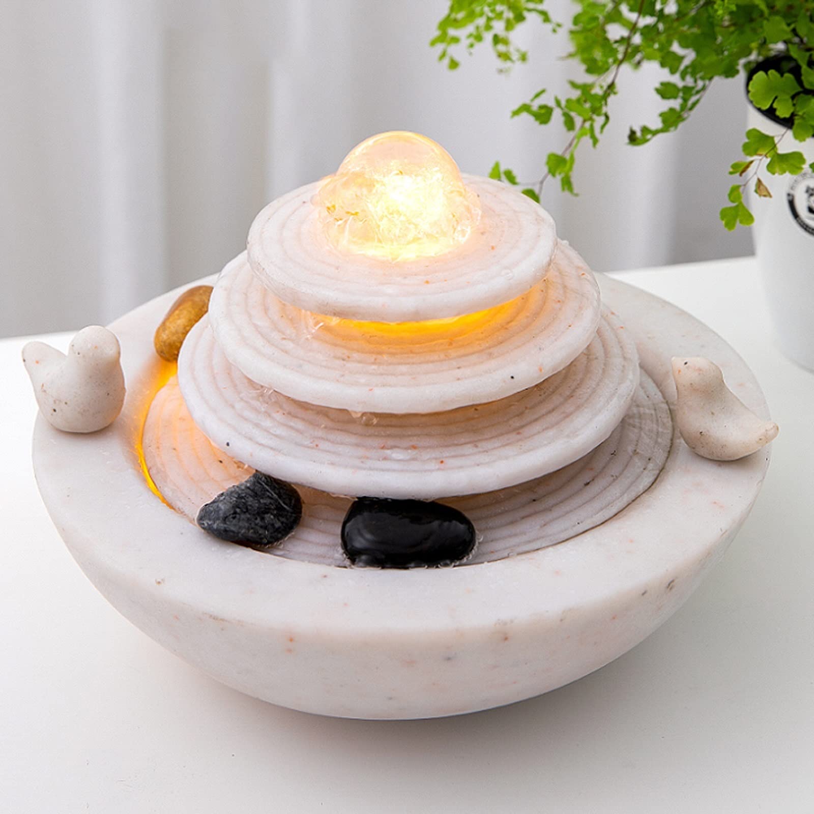 Fuente decorativa de jardín, fuente de agua con cascada, de resina, con iluminación LED, bola de cristal, bomba de agua, Feng Shui Zen, decoración para salón, dormitorio, oficina, 28,4 x 28,4 x 20 cm