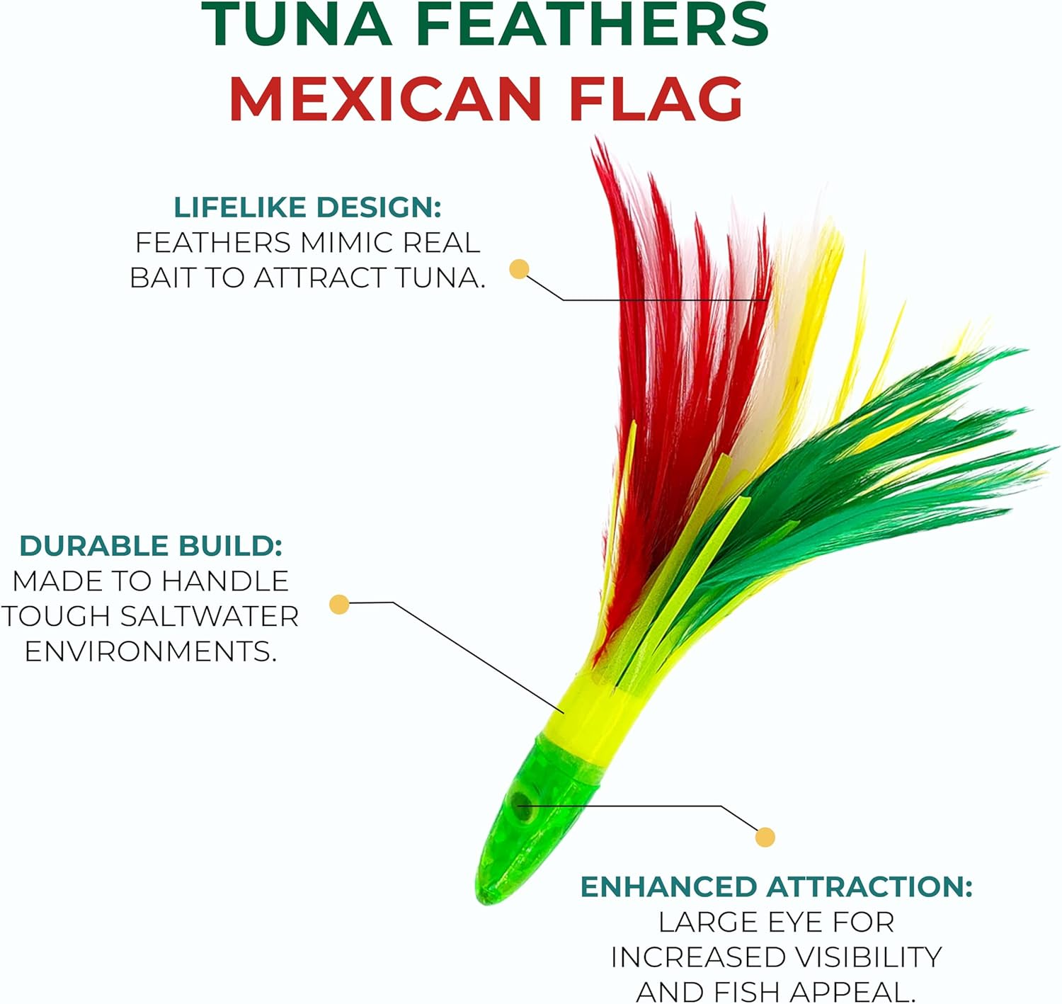 6" Tuna Feathers, 6 Pcs Mexican Flag Color for Saltwater Trolling, Ideal for Deep Sea Tuna Fishing