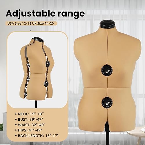 Miniatura 9 de Maniquí de forma de vestido ajustable beige para coser mujeres tallas 6-14, cuerpo de modelo pinable con 13 diales, ruedas desmontables, rango de