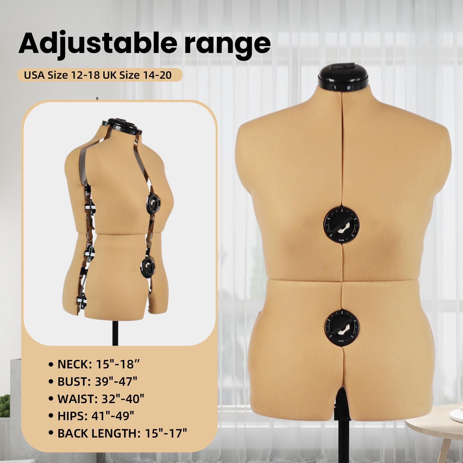 Maniquí ajustable de cúrcuma para coser talla femenina 12-18, cuerpo de modelo pinnable con 13 esferas, ruedas desmontables, rango de altura de 42.5 a 60 pulgadas para exhibición de ropa, mediano a