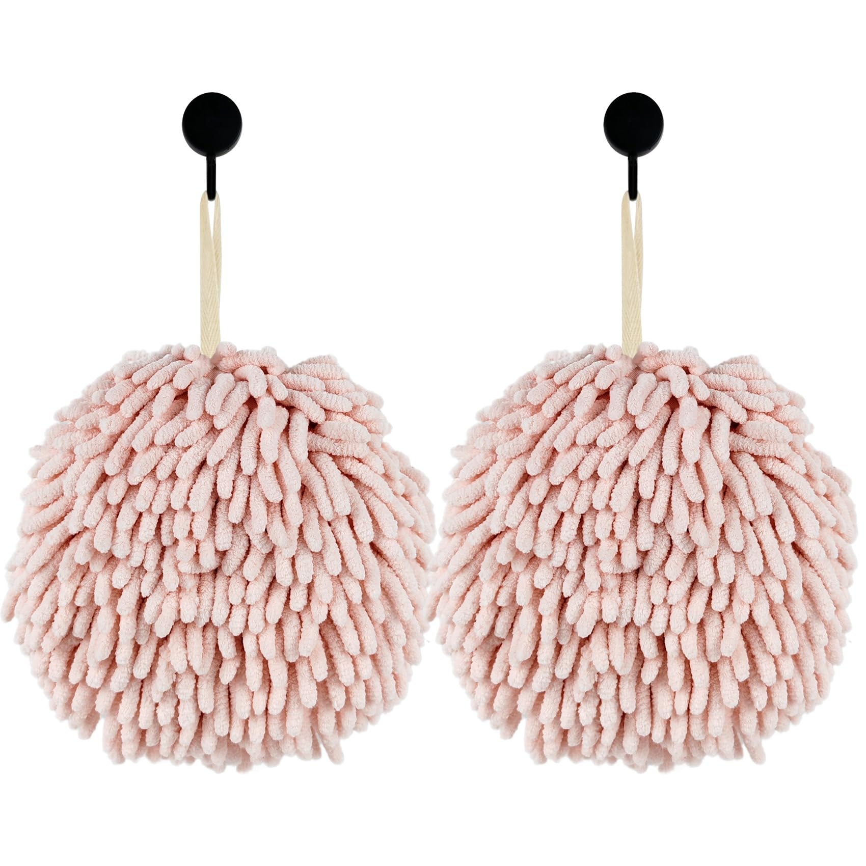 Fuzzy Ball Hand Towels, Set of 2, Chenille Quick Dry, 6.9inch (pink), large size