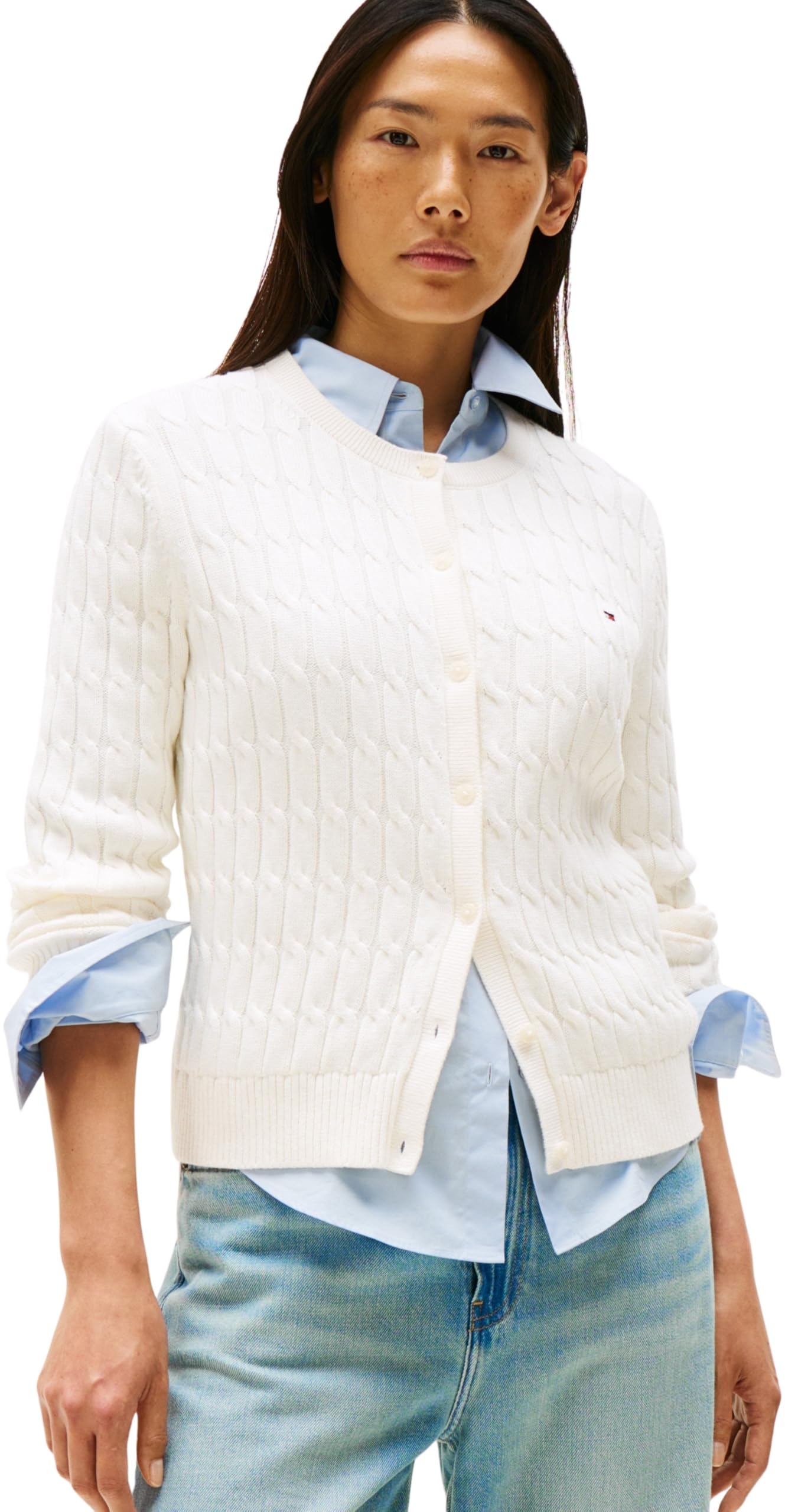 Tommy Hilfiger Damen Strickjacke Cardigan Co Cable Mid Slim Fit