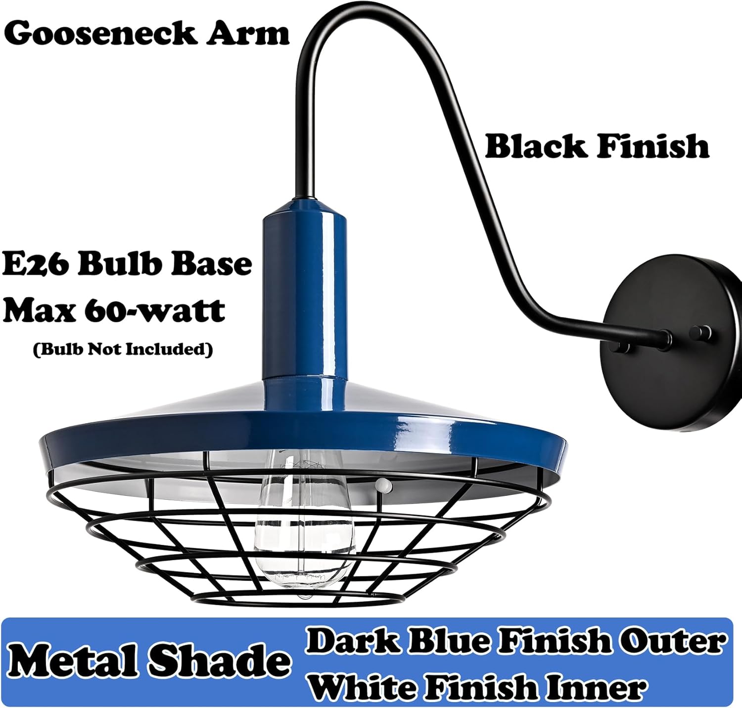 HOLKIRT Macaron Wall Sconce Blue Barn Shade Dimmable 1-Light Wall Sconce Lighting Gooseneck Arm Wall Mount Wire Caged Fixture for Bedroom Kitchen Living Room