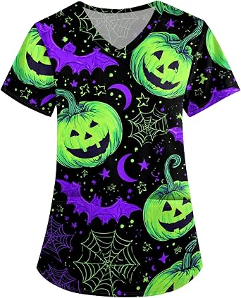 Halloween Scrubs for Women Pumpkin V-Neck Uniform with Pockets