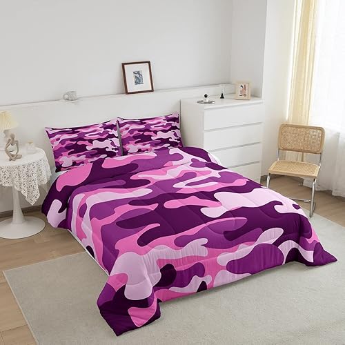 Miniatura 2 de Erosebridal Juego de ropa de cama individual de camuflaje rosa y morado para niños, niñas y adolescentes, juego de edredón de camuflaje militar,