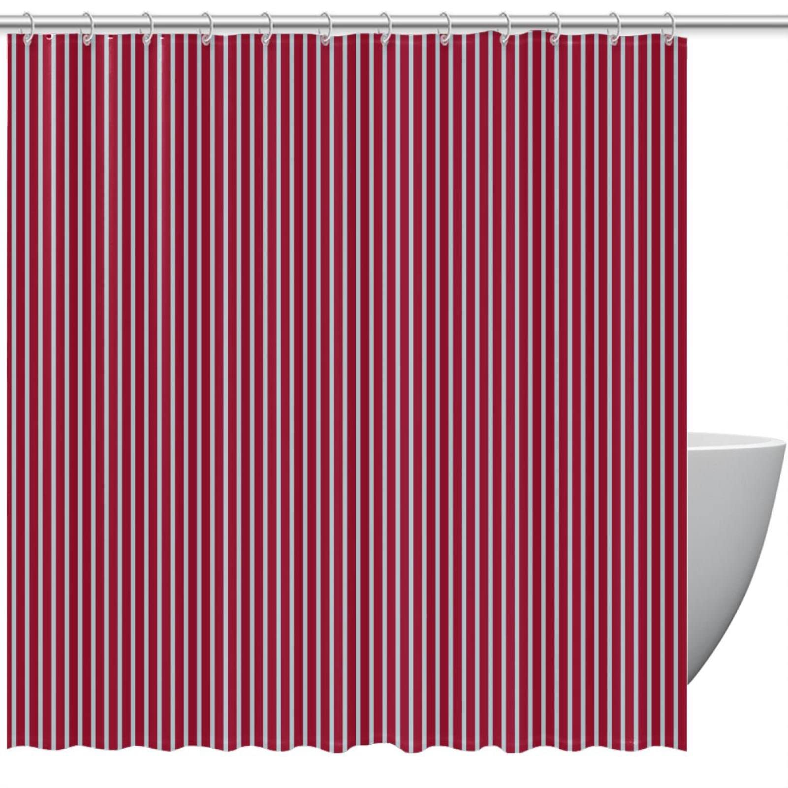 Red & White Vertical Stripes Shower Curtain with Hooks