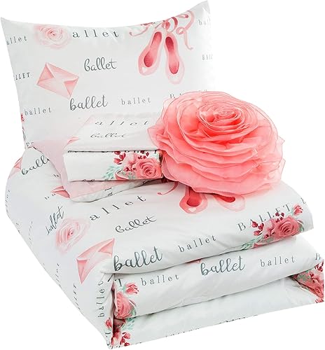 Miniatura 3 de Juego de ropa de cama de 4 piezas, color rosa y blanco, tamaño doble, con funda de almohada y rosa y diseño de bailarina para dormitorio de niñas
