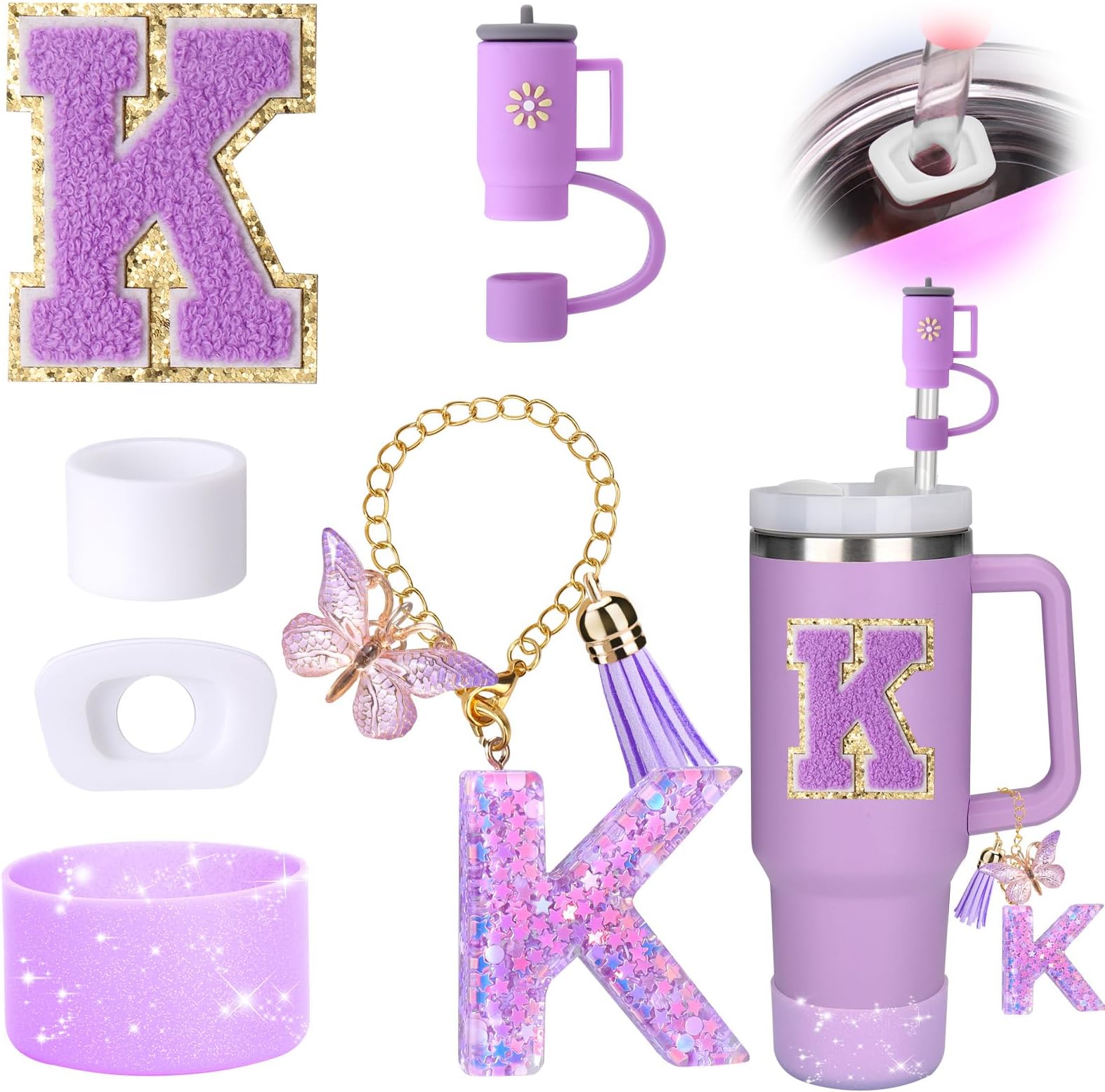 Mity rain 6PCS Cup Accessories Set for Stanley Cup 30oz 40oz tumbler with handle, Including Silicone Straw Topper Cover Cap and Boot, Spill Proof Stopper, Handle Charm, Initials Sticker (Letter K)