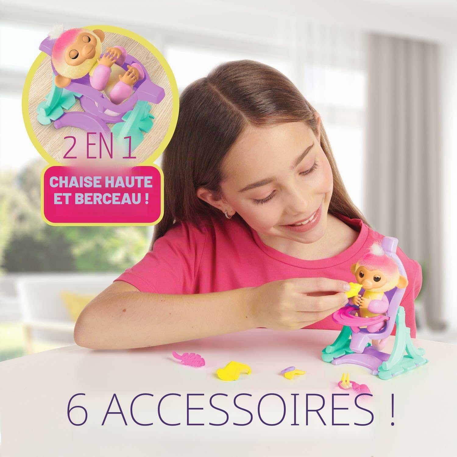 Fingerlings 2023 Ensemble bébé interactif avec lit bébé et Chaise Haute 2 en 1 et 6 Accessoires (à partir de 5 Ans)