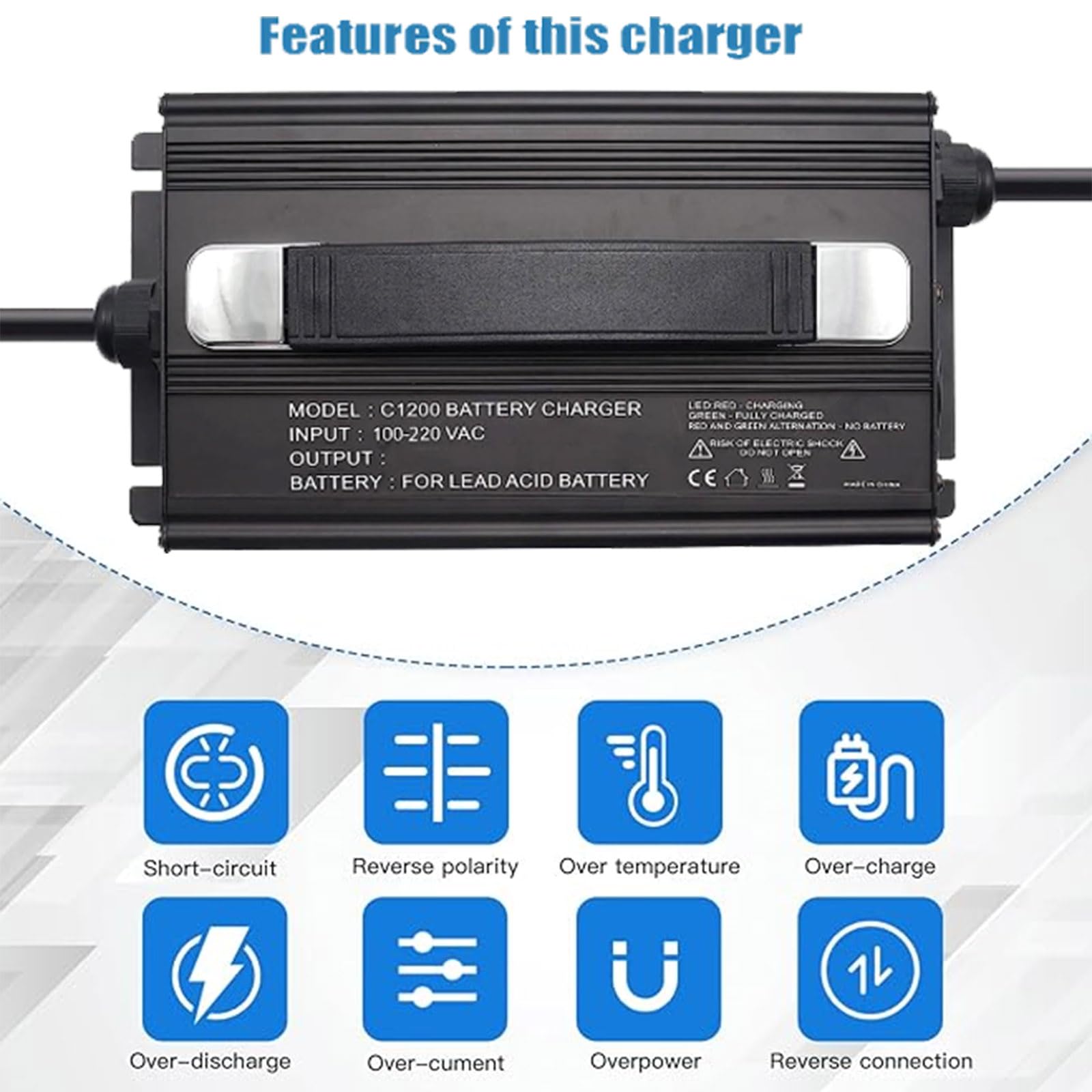 Caricabatterie per Carrello Elevatore 12V/24V/36V/48V/60V/72V Caricatore per Batterie Piombo Acido per Transpallet Elettrico, Carrello Elevatore, Lavapavimenti
