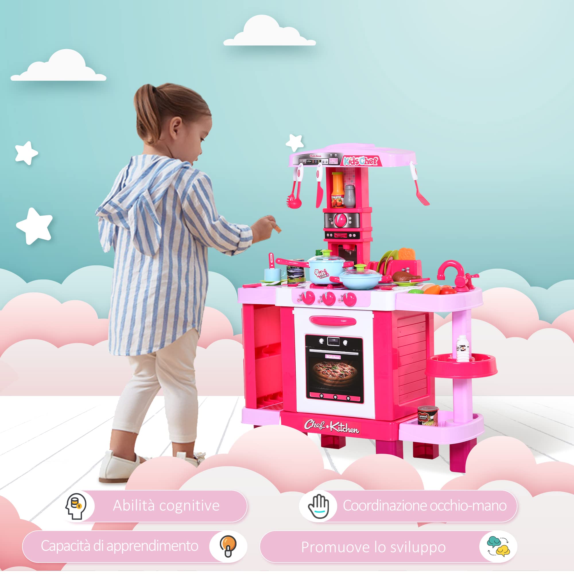 HOMCOM Cucina Giocattolo per Bambini con 38 Accessori Inclusi, Gioco con Luci e Suoni Realistici, 78x29x87cm, Rosa