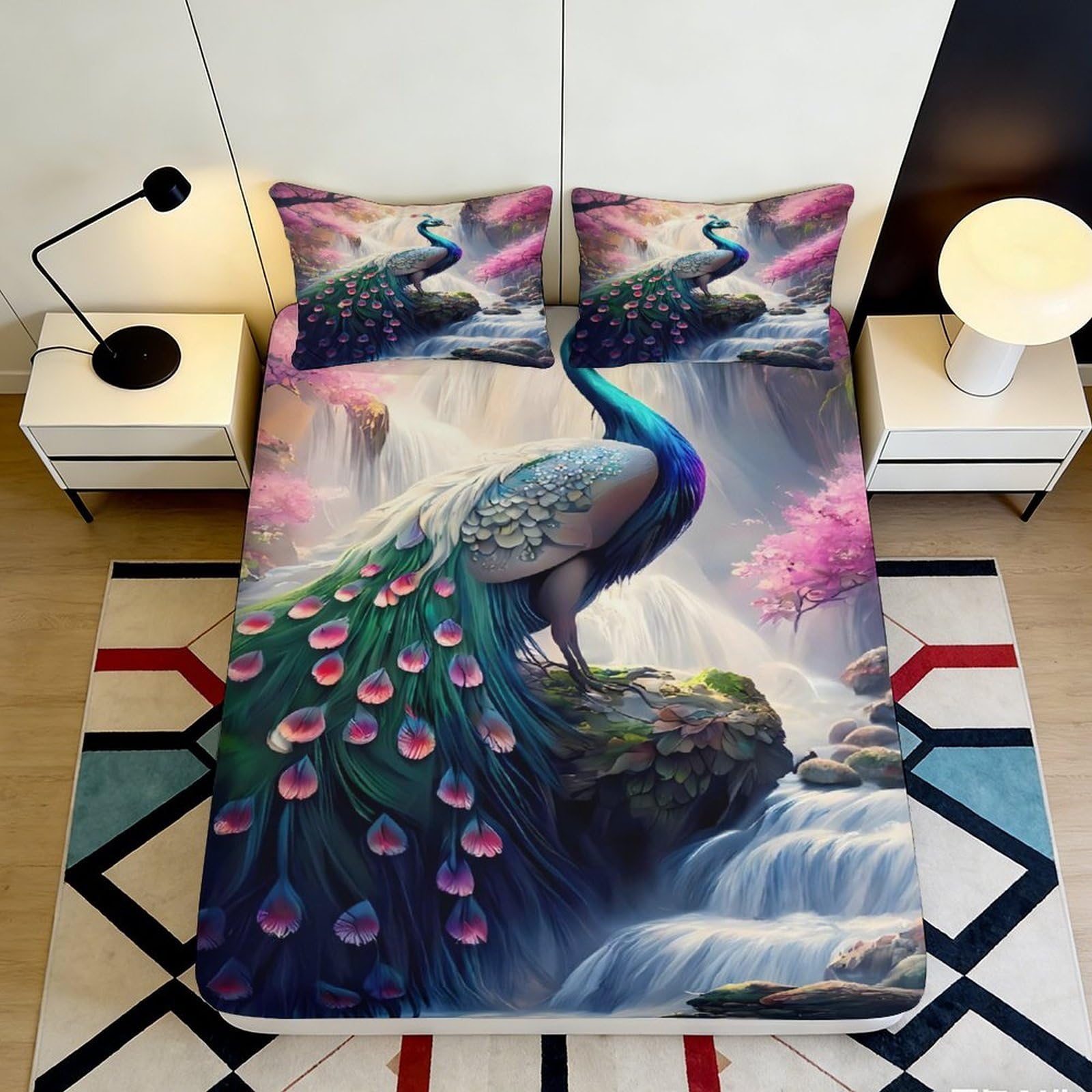 3D Printed Peacock Waterfall Fitted Sheet Microfiber Soft Breathable 3D Printed Waterfall Bed Cover for Bedroom Dormitory Guest Room Mattress Protection 200x200x25cm
