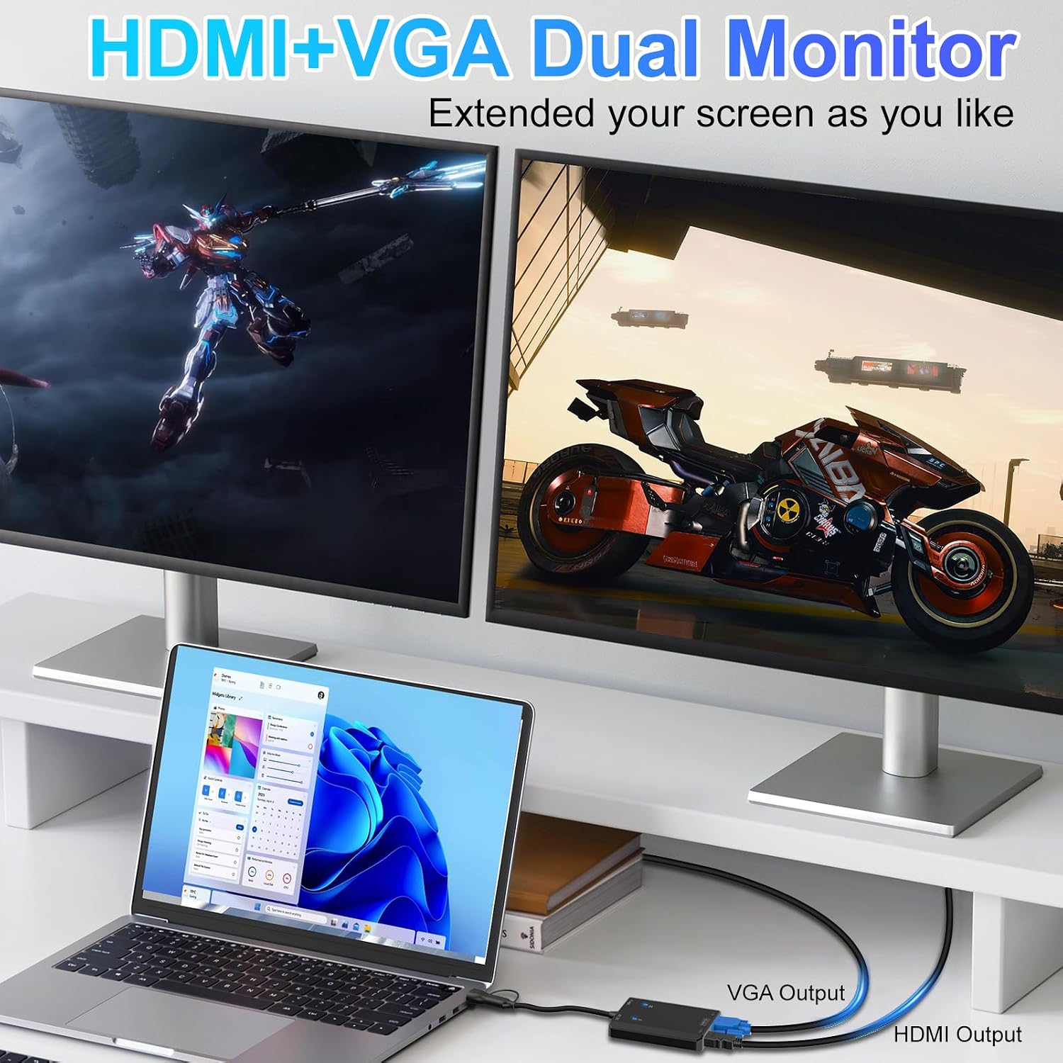 Herfair Splitter for Dual Monitors Extended Display 1 in 2 Out USB to HDMI VGA External Graphics Card Support Windows MacOS System Simultaneously Output 2 Screens, Driver Install Needed