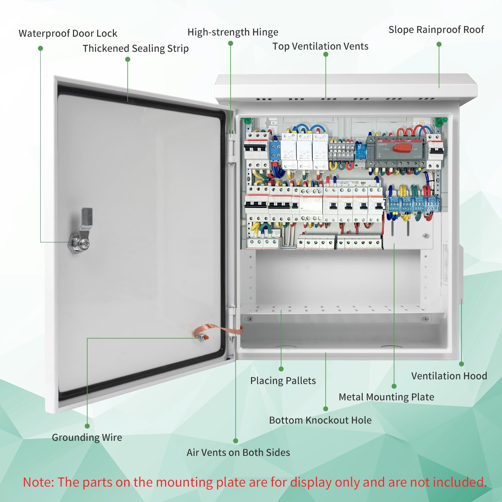 Caja eléctrica para exteriores con termostato y ventilador de refrigeración, 50,8 x 40,6 x 20,3 cm, diseño de ventilación, caja eléctrica IP65, impermeable, gabinete eléctrico de calle con piezas de