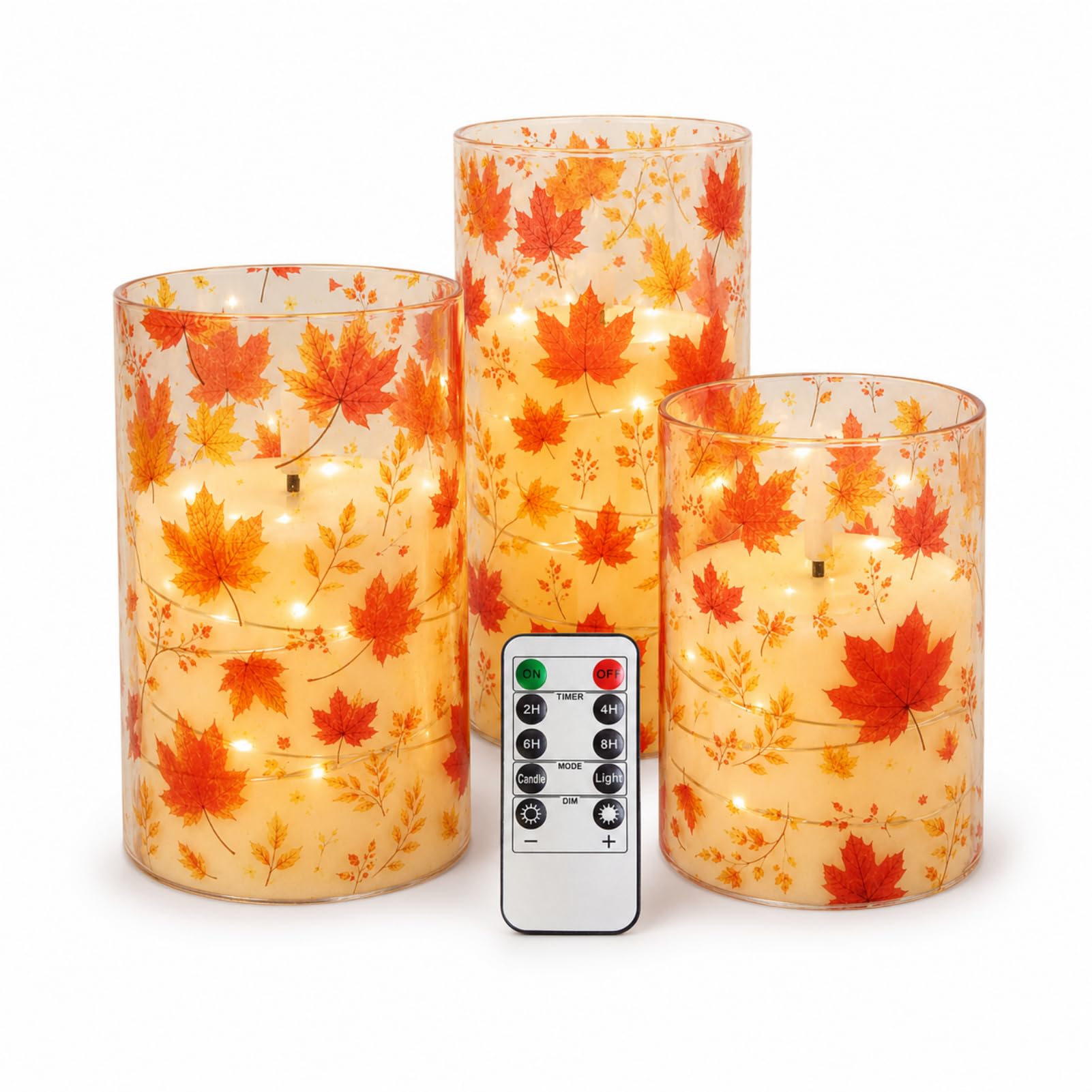 Floral Flameless LED Pillar Candles with String Lights, 3pcs Maple Leaf Battery Operated Flickering Candles with Timer Remote,Warm White Flickering for Fall Thanksgiving Decor