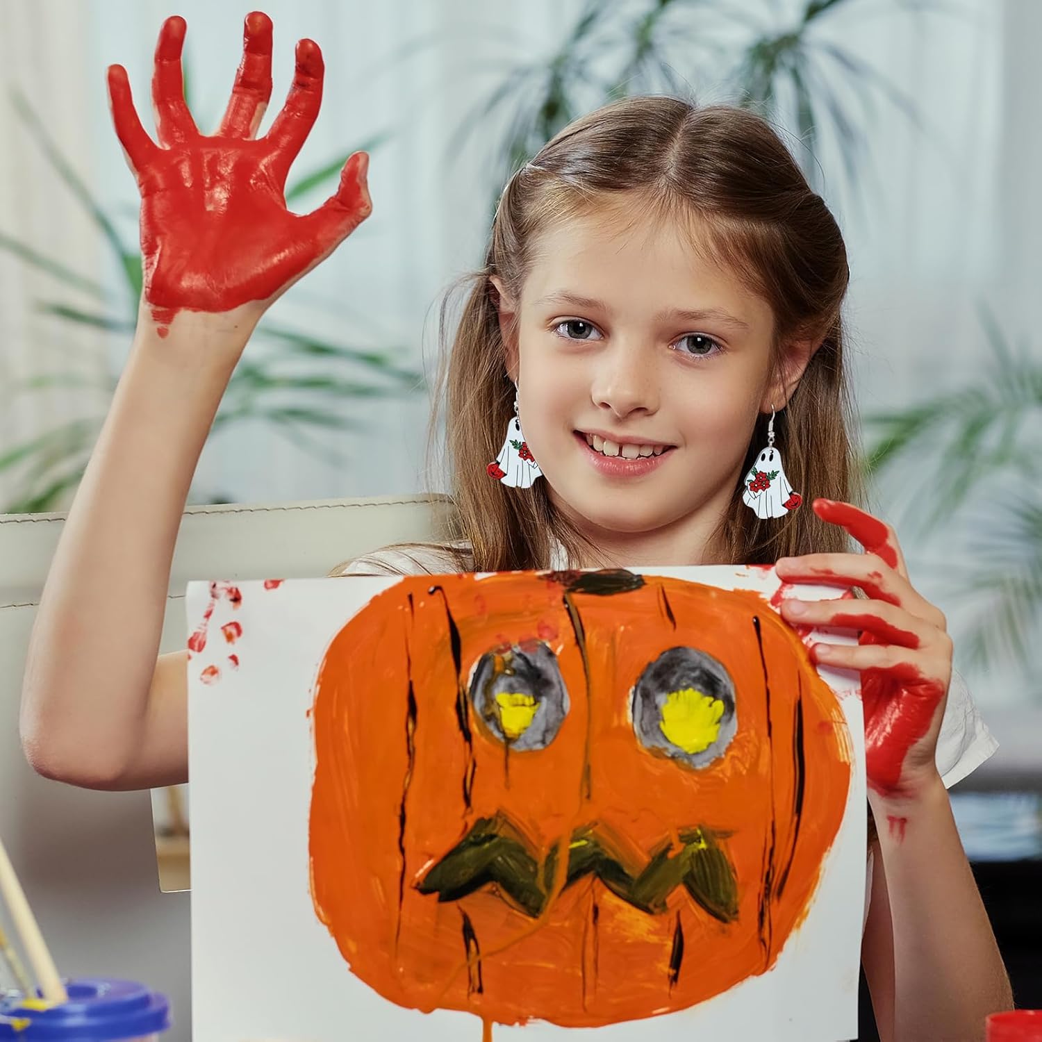 Wooden Halloween Earring Funny Cartoon Pumpkin Black Cat Ghost Earrings Wood Creative Freak Show Ghost dangle Earrings for Cosplay Party Halloween Jewelry for Women (B) - Image 2