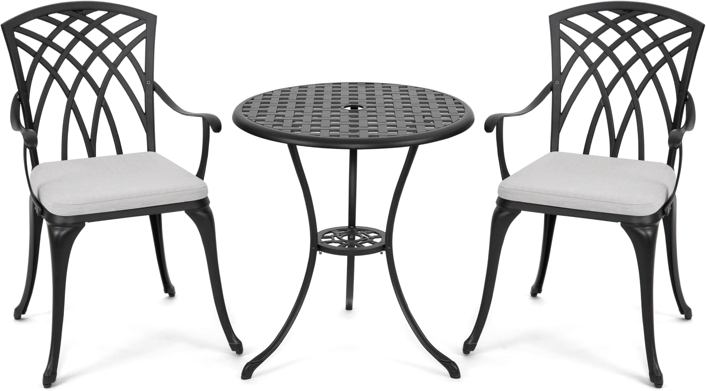 3 Piece Bistro Table Set Cast Aluminum Outdoor Patio Furniture with Umbrella Hole and Grey Cushions for Patio Balcony, Black