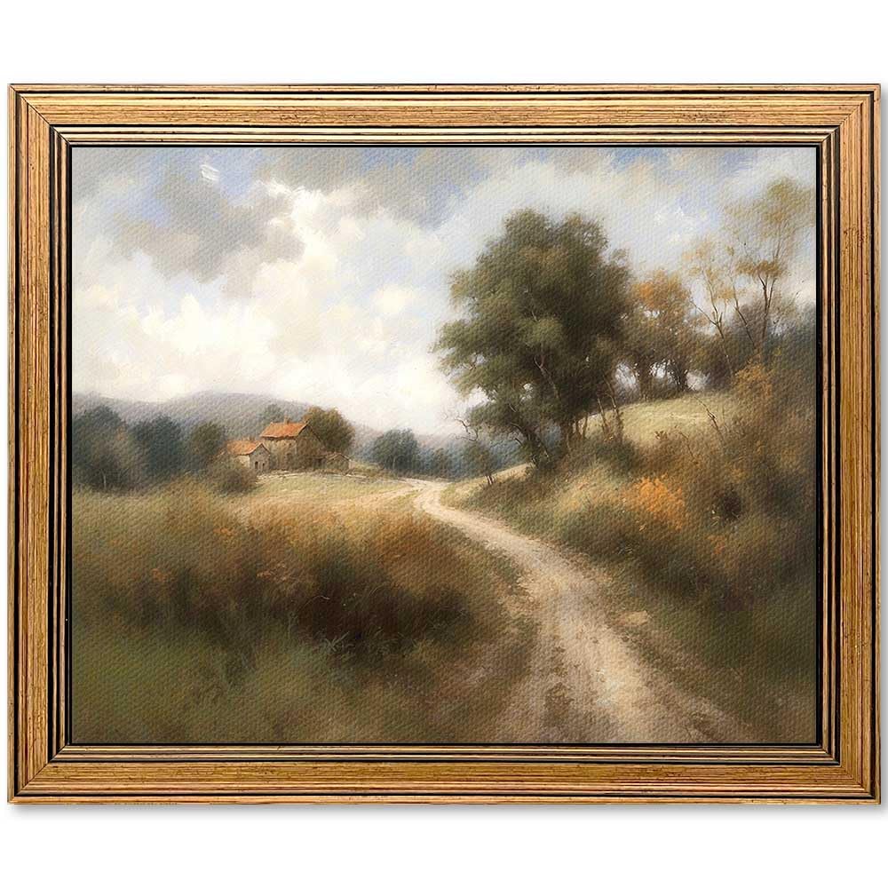 Framed Vintage Wall Art Classical Oil Painting Country Road Canvas Print Kitchen Living Room Farmhouse Wall Decor (Rural Trail, 10" L x 8" W)