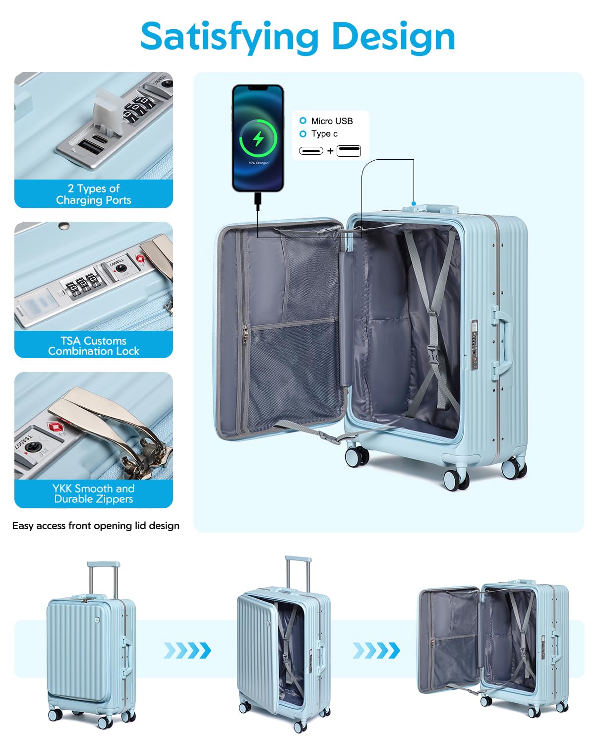 Somago Valigia leggera con portabicchieri e porta USB telaio in alluminio in policarbonato Spinner valigia rigida con serratura TSA, Azzurro chiaro, 24 Inch Checked Luggage, Leggero Pc Luaage Con